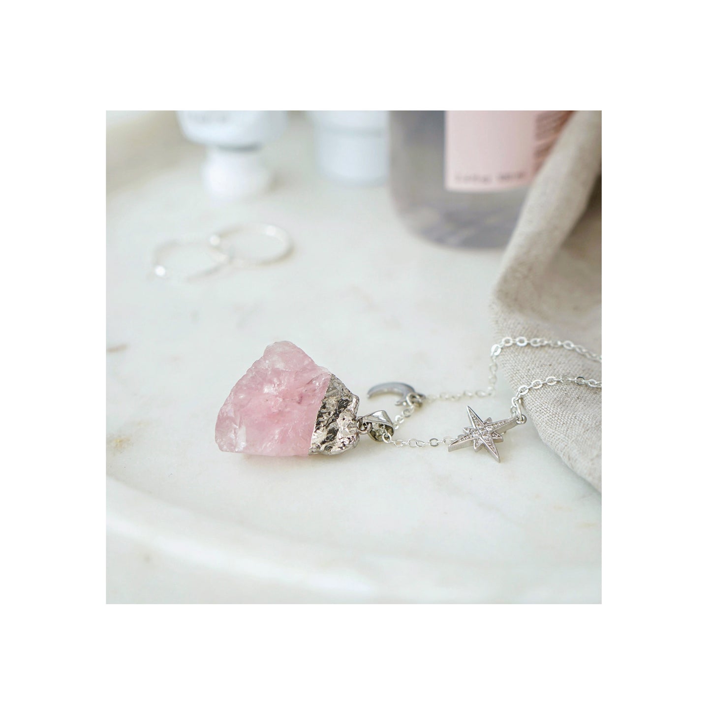 Silver Rose Quartz Moon & Star Necklace
