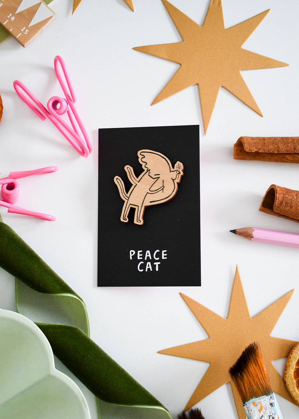 Cat of Peace Wooden Pin Badge