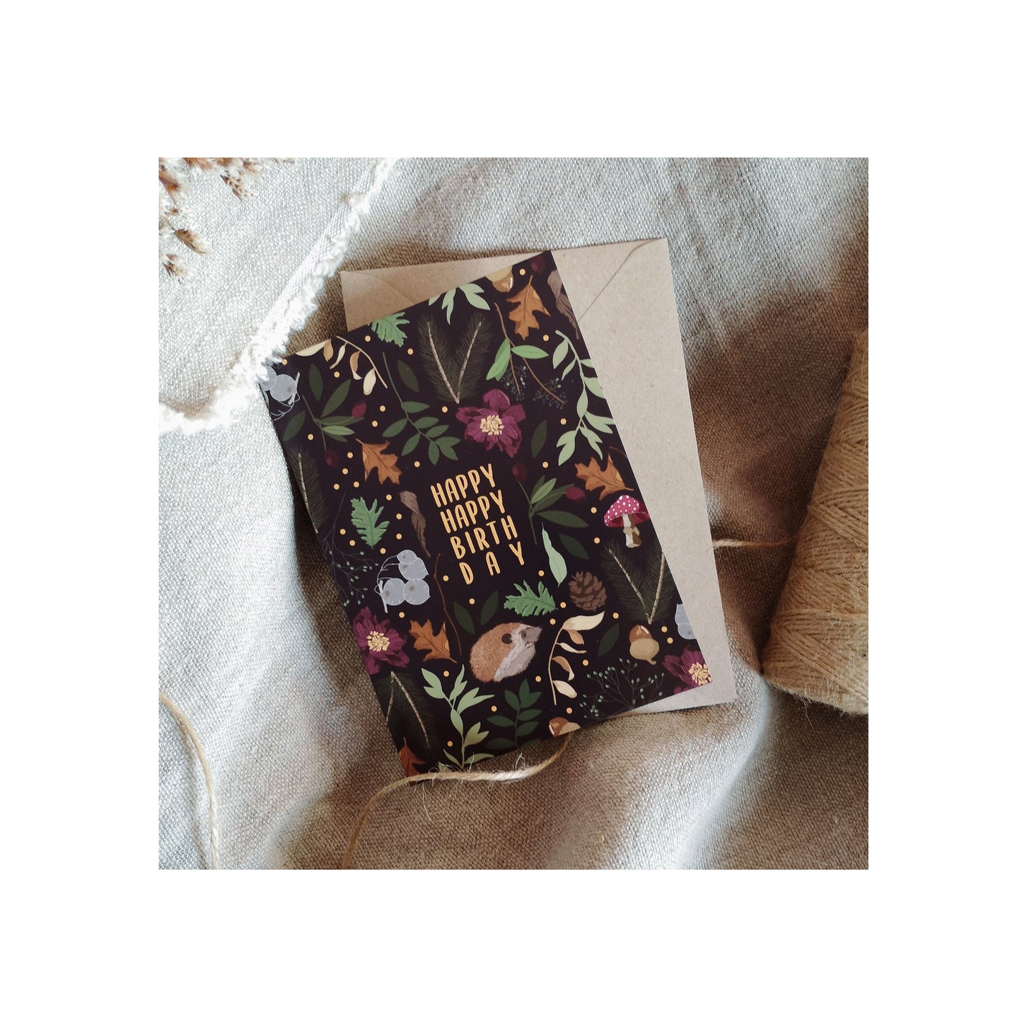 Happy Happy Birthday Botanical Woodland Hedgehog Card