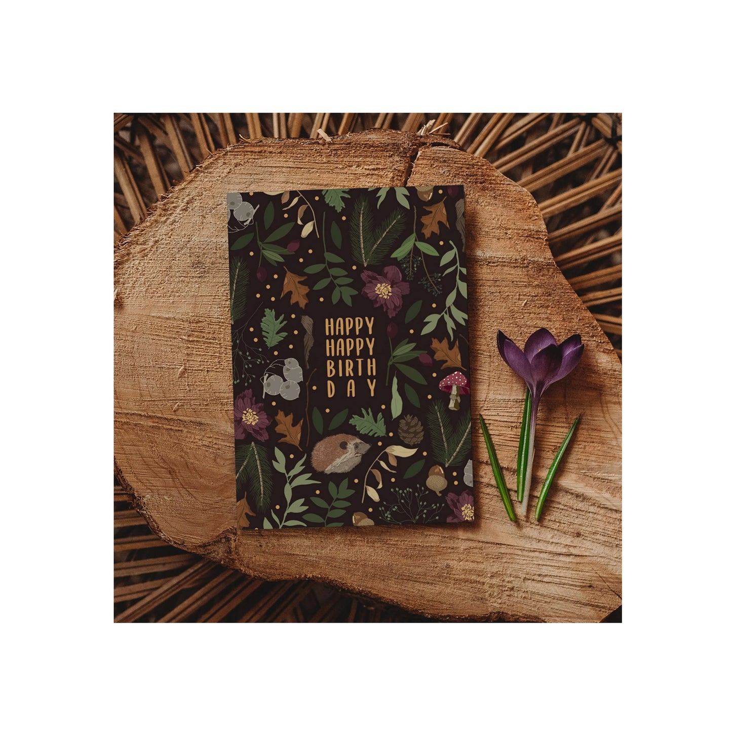 Happy Happy Birthday Botanical Woodland Hedgehog Card