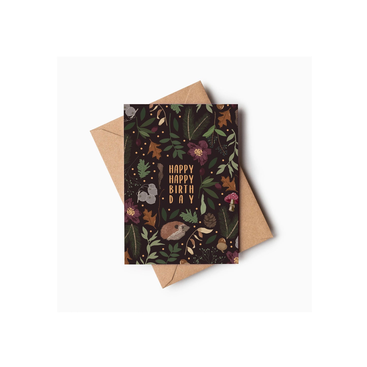 Happy Happy Birthday Botanical Woodland Hedgehog Card