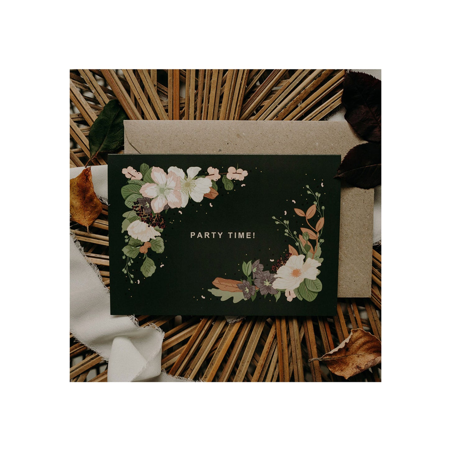 Party Time! Dark Green Floral Border Celebration Card