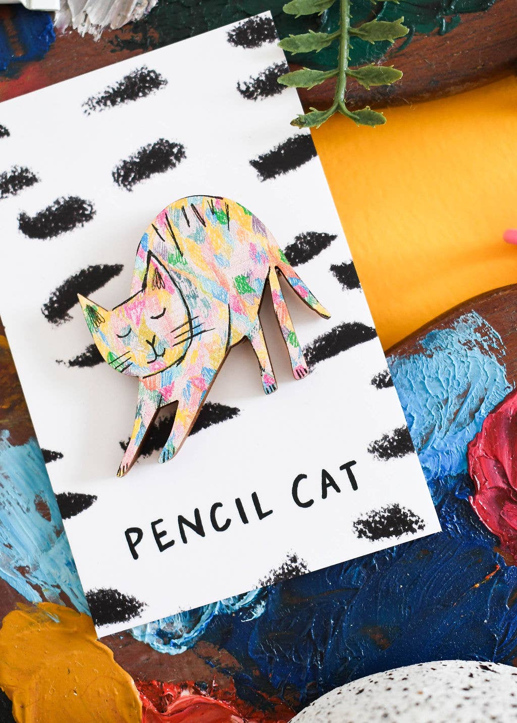 Pencil Cat Wooden Pin Badge