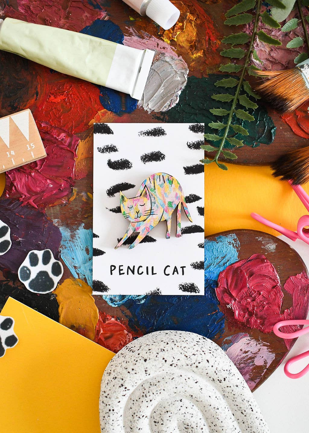 Pencil Cat Wooden Pin Badge