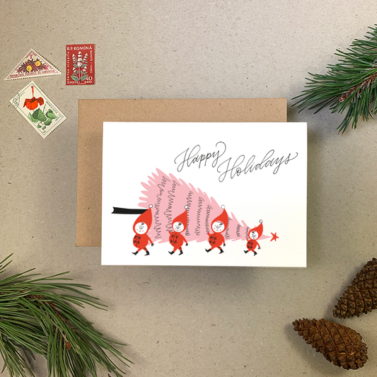 Happy Holidays - Elves Bringing Home Christmas Card