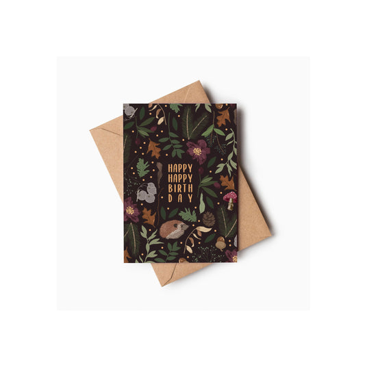 Happy Happy Birthday Botanical Woodland Hedgehog Card