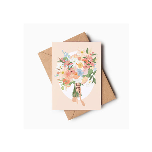 Just Married Peach Blue Floral Wedding Bouquet Greeting Card